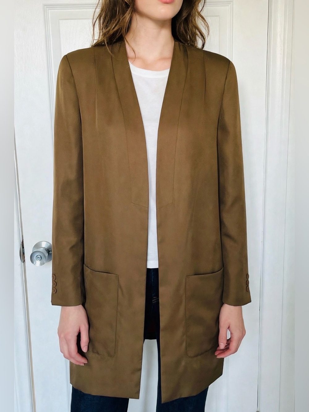 Ellen Tracy Silk Long Blazer Green Size S Vintage